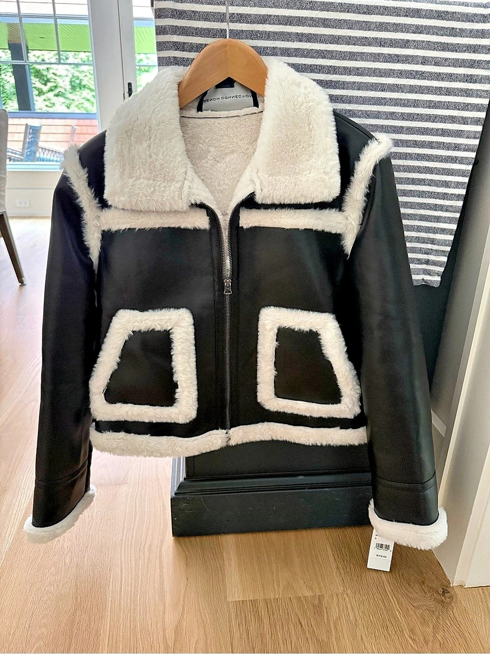 French Connection  sz 8 Black & White Faux Shearling Jacket Size Medium NWT